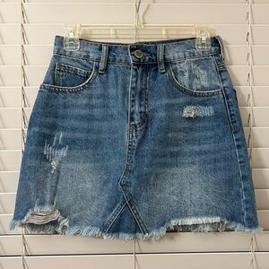Buddy Love Women’s Size 26 Distressed Denim Mini Blue Jean Skirt Raw Hem Pockets